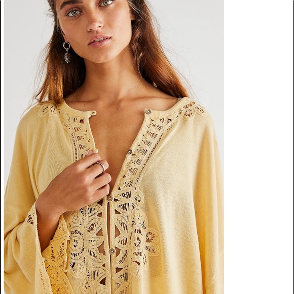 NEW FREE PEOPLE "Lydia" Lemon Tart Battenburg Lace Oversized Button Front Blouse - Picture 4 of 13